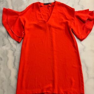 Zara Women's Vibrant Red Flutter Short Sleeve V Neck Mini Dress